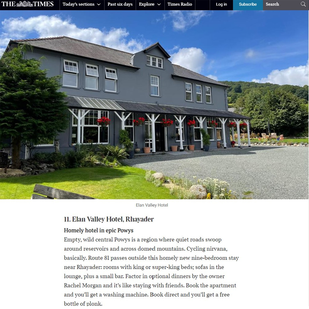 Times Featured Place To Stay in Wales image of the Elan Valley Hotel featured in The Times article on best places to stay in Wales